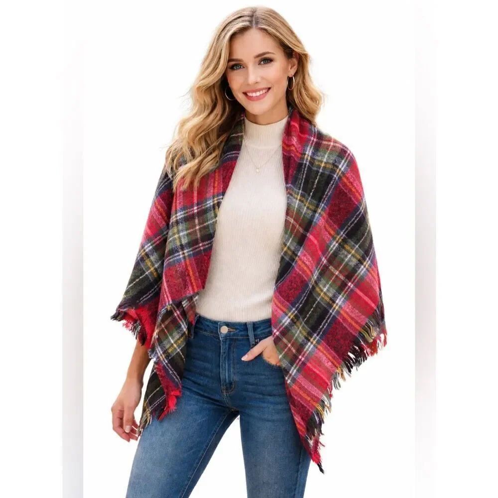 Women's Fleece Blanket Duster Throw Flannel Scarf in Red Plaid Tartan- One Size
